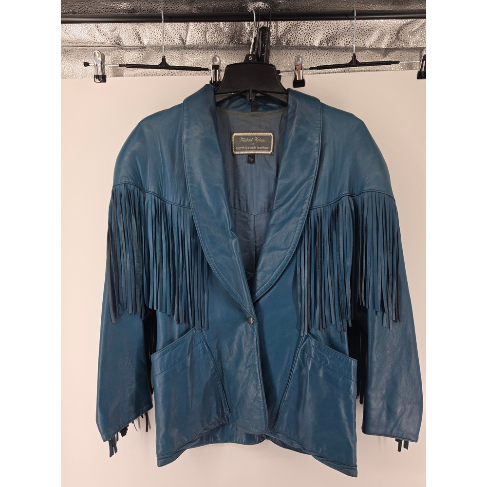 Michael Hoban NorthBeach Leather Fringe Jacket Teal Blue Vintage 80s Western 5/6